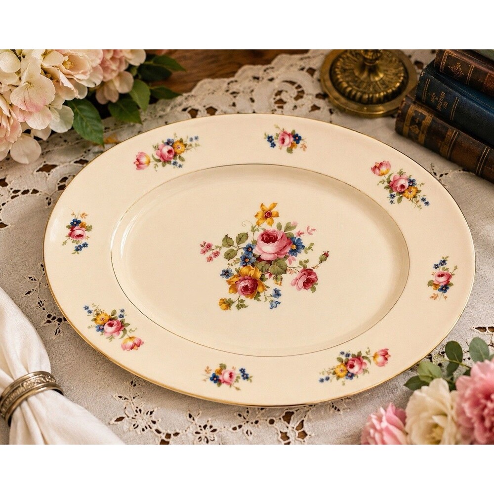 Vintage Czechoslovakia Floral Porcelain Serving Platter Gold Trim Oval 13” Roses
